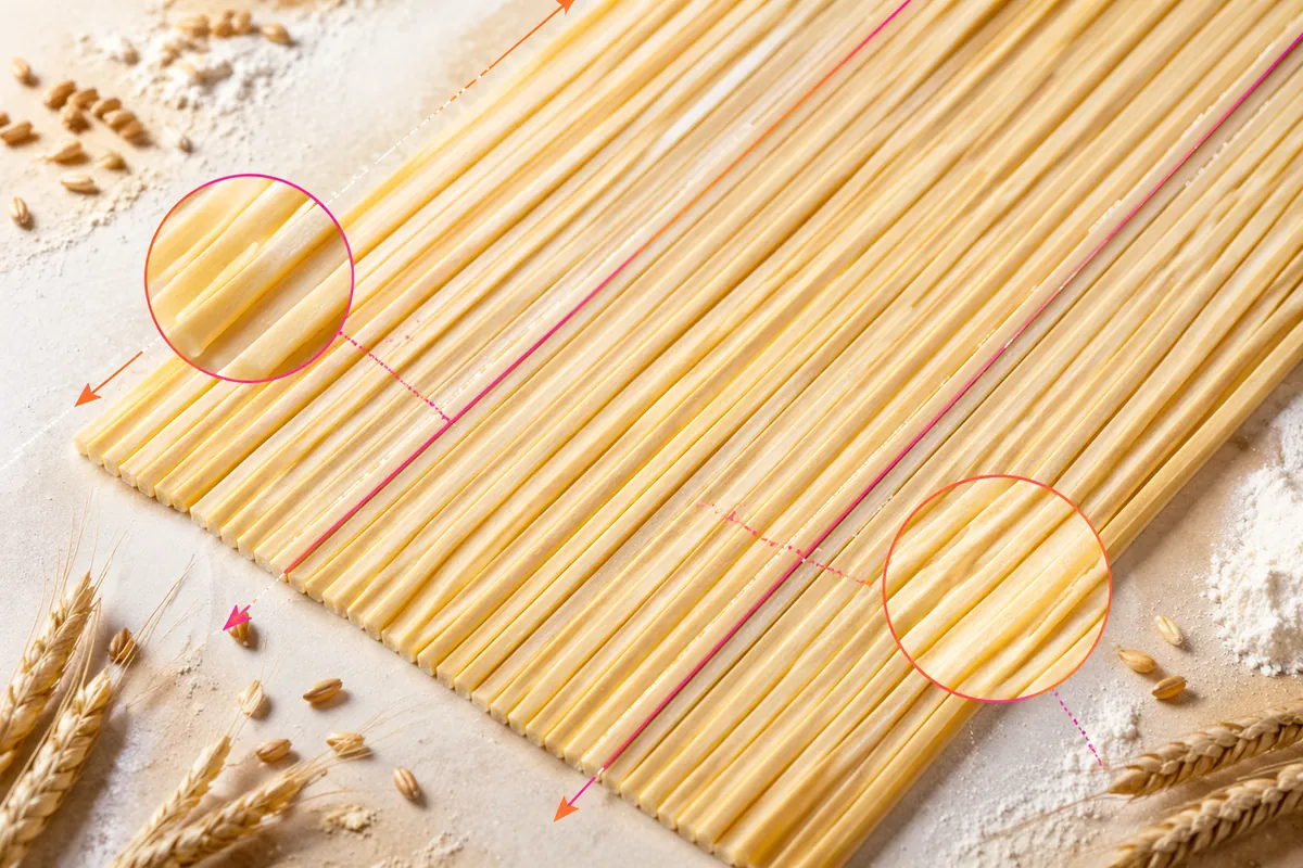 Freshly cut wheat noodle strands laid flat on a floured board, with close-up circles on strand edges and surfaces